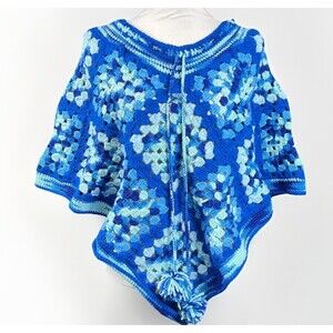 Poncho blue granny square tassels retro hippie festival boho
